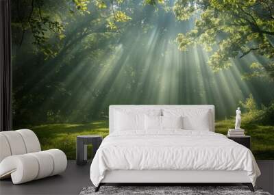 Enchanting green forest illuminated by warm sunlight on a beautiful and sunny day Wall mural