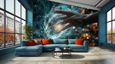 first contact. hand touching spinning vortex of light particles, neuronal network concept Wall mural