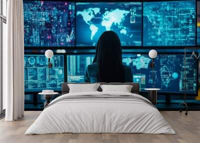 Focused female analyst managing global data on multiple screens in a control room environment Wall mural