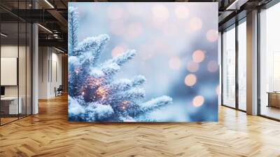 Frosty winter wonderland  snow covered fir trees and glowing lights for a christmas card design Wall mural