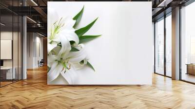 Funeral lily flower display with ample white background for customizable text or message Wall mural