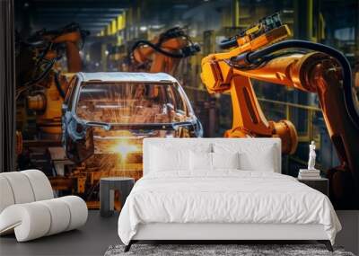 Futuristic scene. advanced electric vehicle assembly line at state of the art automotive plant Wall mural