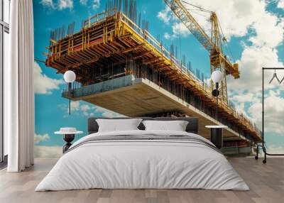 Highway bridge construction site with steel structure, cranes lifting materials against blue sky Wall mural