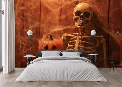 Hyper realistic halloween background with skeleton, pumpkin head, spider webs, and misty atmosphere Wall mural