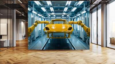 Industrial robot painting yellow body of passenger car in factory production line Wall mural