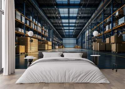 Modern warehouse interior  a showcase of efficiency in logistics and supply chain management Wall mural