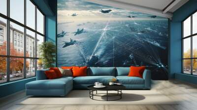 Showcasing modern military assets  fighter jets, ships, satellites, and communication links Wall mural