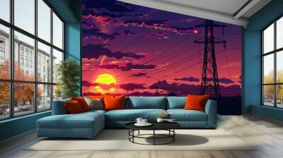 Silhouette of high voltage electric tower on stunning sunset sky background for sale Wall mural