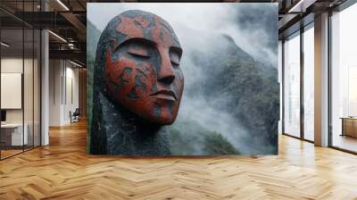 Surreal abstract stone sculpture featuring lifelike face amidst foggy mountainous landscape Wall mural