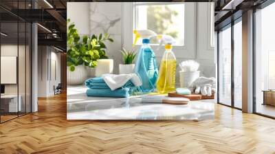 Tidy cleaning supplies in bright home with bottles, gloves, towels, plant, freshness Wall mural