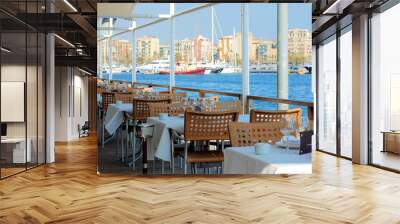 restaurant on quay of port of barcelona, port well, spain Wall mural