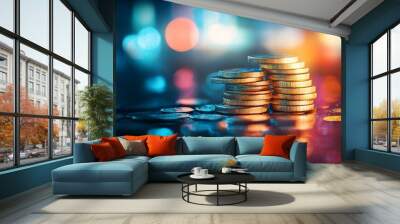 Stacked Coins with Glowing Bokeh Background Wall mural