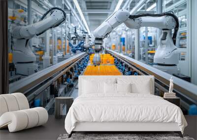 Automated Robotic Arms Assembling Products in a Modern Factory Wall mural