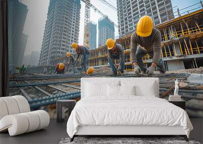 Construction Workers Collaborating on Steel Reinforcement at Urban Building Site Wall mural