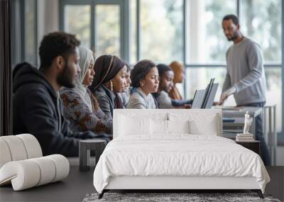 Diverse Adult Students Engaged in Computer Class with Instructor Wall mural