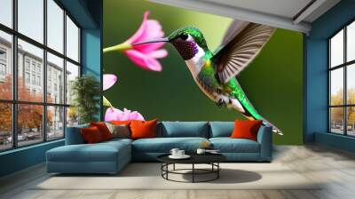 Hummingbird in the treetops in a tropical rainforest, bright flowers and leaves, exotic plants, vines. Wildlife concept of ecological environment. Generative AI Wall mural