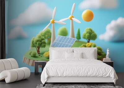 Miniature Green Landscape with Wind Turbines and Solar Panel on Blue Background Wall mural