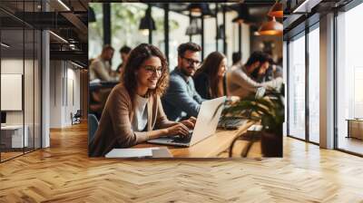 Photo of a group of young office workers working in a coworking, with lots of green plants, a comfortable environment for productive work Wall mural