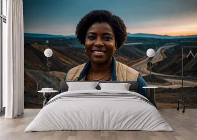 Portrait of the confident woman driver of a heavy mining dump truck. The concept of gender equality Wall mural