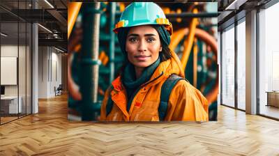 Portrait of the female oil worker in an orange vest a white construction helmet, sea oil rig background. Generative AI Wall mural