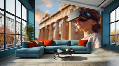 School child wearing virtual reality glasses is studying history with Sights of Ancient Greece in his glasses. Concept of the virtual reality in school education Wall mural