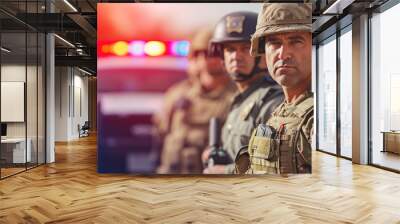 Texas national guard. Portrait of a border patrol agent and a Texas trooper and a Police officer standing out background of a cop car Wall mural