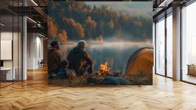 Three generations of men grandfather, father and grandson sit together by the campfire next to the tent in the evening against the background of fog over the river. Concept of Father day Wall mural