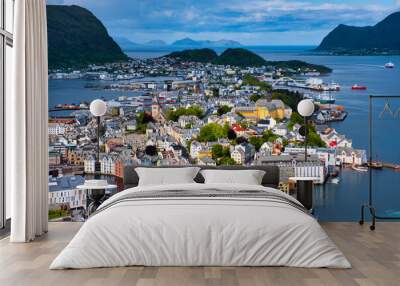 View of colorful Art Nouveau architecture in the port of the city of Alesund from the mountain Aksla, Norway Wall mural