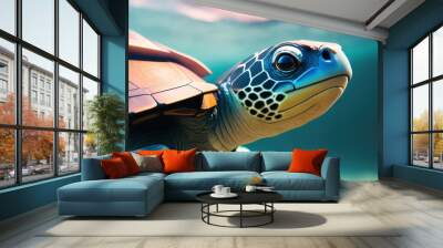 View of underwater wild turtle floating over blue beautiful natural ocean background. Life in the coral reef underwater. Wildlife concept of ecological environment. Generative AI Wall mural