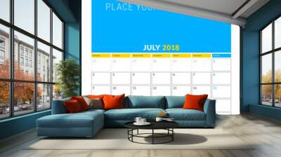 Vector calendar planner template for July 2018. Vector design print template with place for photo. Week starts on Monday. 3 months on page Wall mural