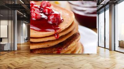 delicious pancakes with raspberries on the wooden kitchen tabl Wall mural