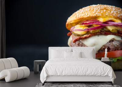 Delicious fresh homemade burger on a wooden table Wall mural