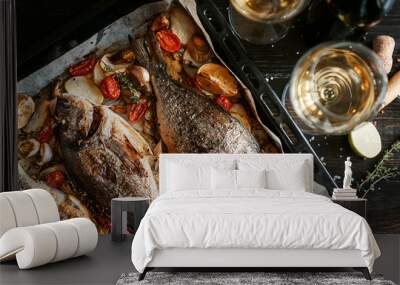 dinner concept for two. two glasses of white wine, baked fish. Wall mural