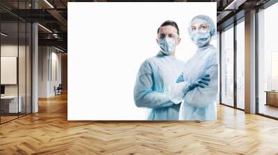 doctors man and woman on a white background in medical masks on the face Wall mural