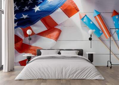 fireworks and american flag on a white wooden table with place for text. 4th july independence day celebration concept Wall mural