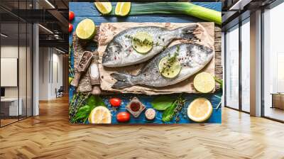 fresh raw dorado fish with spices. dinner for two with your loved one with your own hands. Wall mural