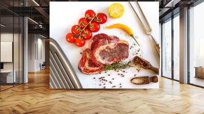 set for cooking a festive dinner for two. two raw marbled beef steaks, spices, vegetables and a grill pan with a meat fork. all on a white background Wall mural