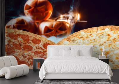 special set of two pizzas for halloween on the background of pumpkins Wall mural