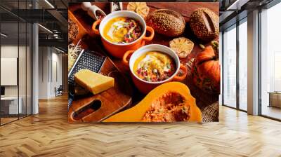 traditional pumpkin cream soup in a rustic style. healthy eating concept. Wall mural