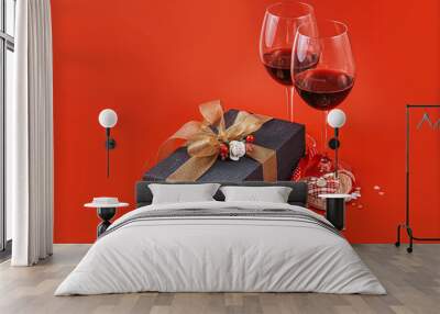 two glasses of wine and a gift in a luxurious box Wall mural