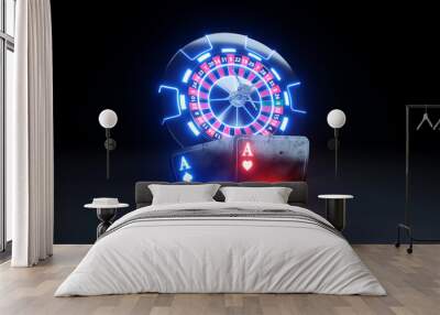 Online Chips Wheel and Poker Cards 2 Aces - 3D Illustration Wall mural