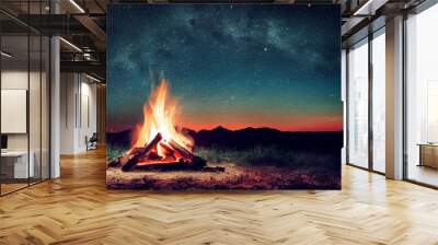 Campfire with the night sky, illustration of stars and fire Wall mural