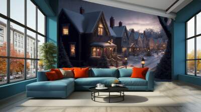 Christmas fantasy village illustration, Winter town Wall mural