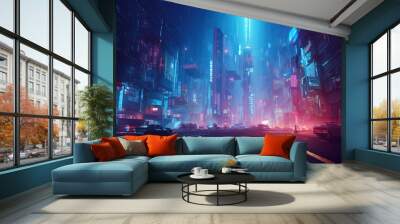 Cyberpunk city, futuristic scene illustration Wall mural