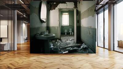 Dirty abandoned bathroom, creepy room, messy home, AI generated Wall mural