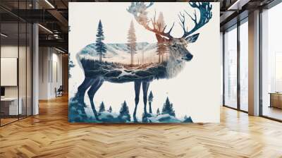 Double exposure of reindeer and winter forest illustration Wall mural