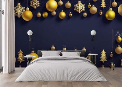 Holiday background illustration, golden ornaments on a blue background Wall mural