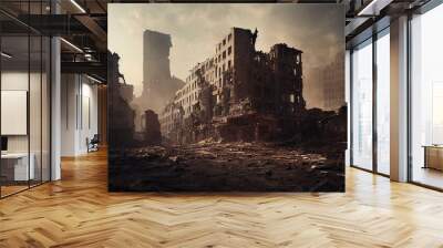 Post-apocalyptic city, destroyed buildings, dystopian landscape painting Wall mural