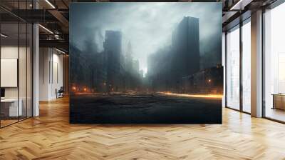 Post-apocalyptic city, destroyed buildings, dystopian landscape painting Wall mural