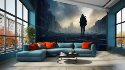 Post-apocalyptic city, destroyed buildings, dystopian landscape painting Wall mural